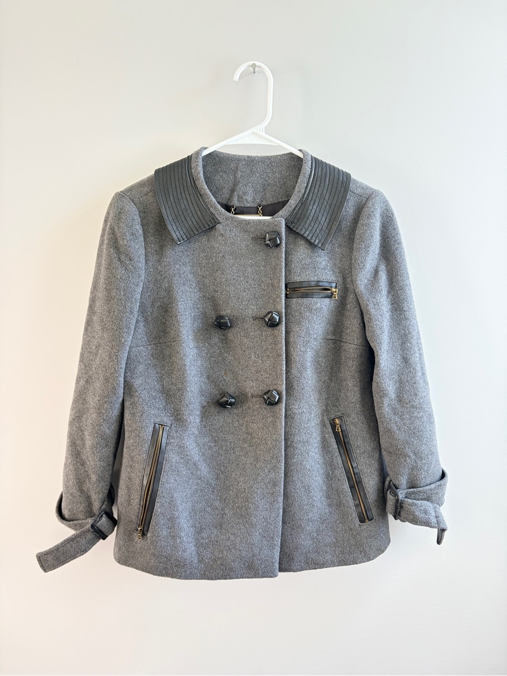 DVF Diane von Furstenberg Peabody Gray Wool Cashmere Leather Trim Peacoat Jacket